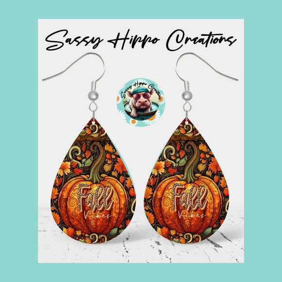 Earrings Fall Vibes Autumn Pumpkin Season Hand Sublimated Printed MDF Hook Backs - Picture 1 of 3